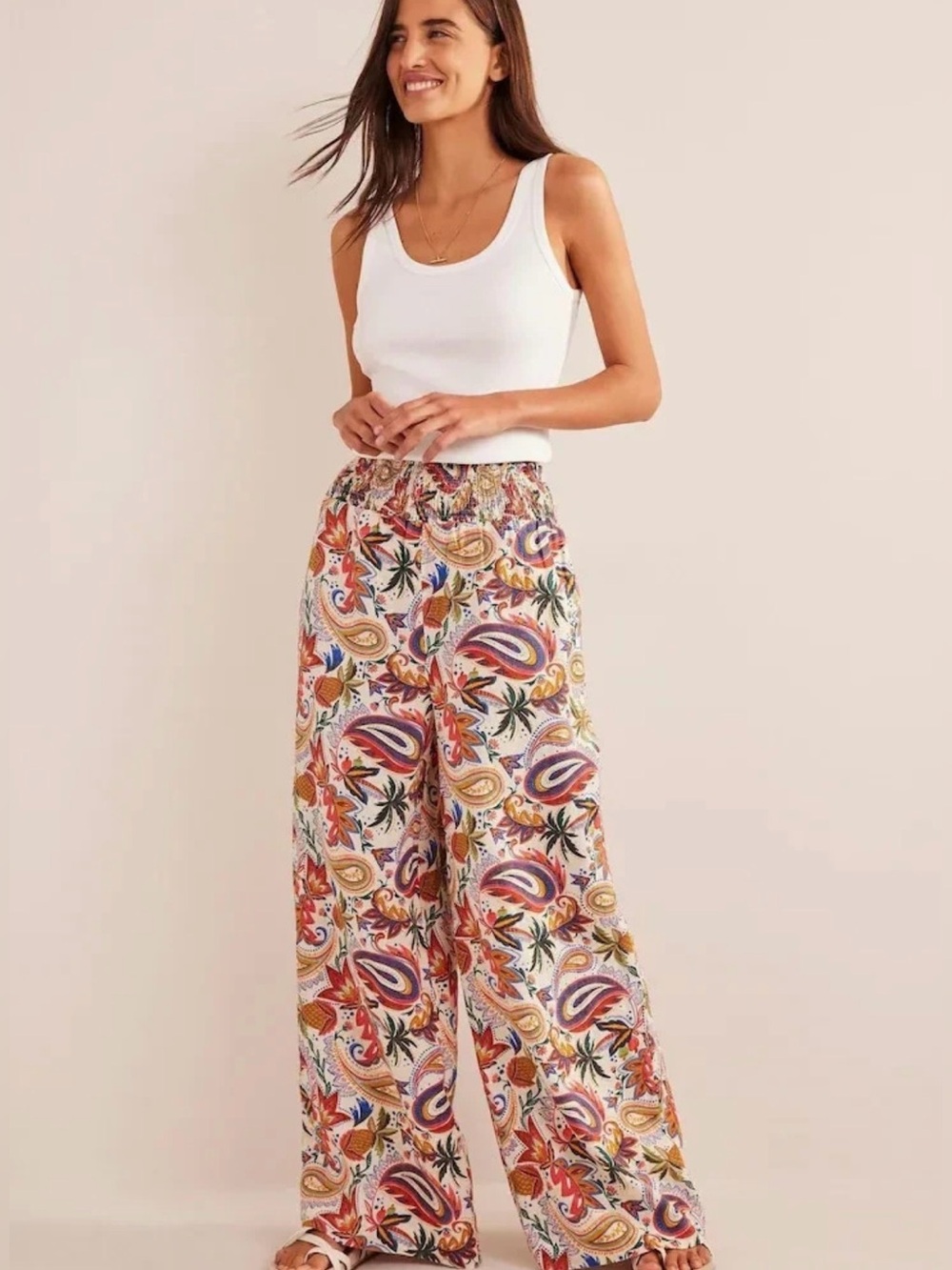 BODEN 100%Linen Pants Wide Legs Shirred Waist Paradise Paisley 28.5 long (mix48